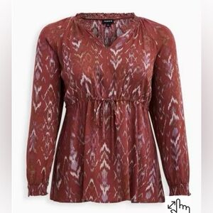 Rayon Crepe Tie Waist Peasant Top in Pink Print Size 6X